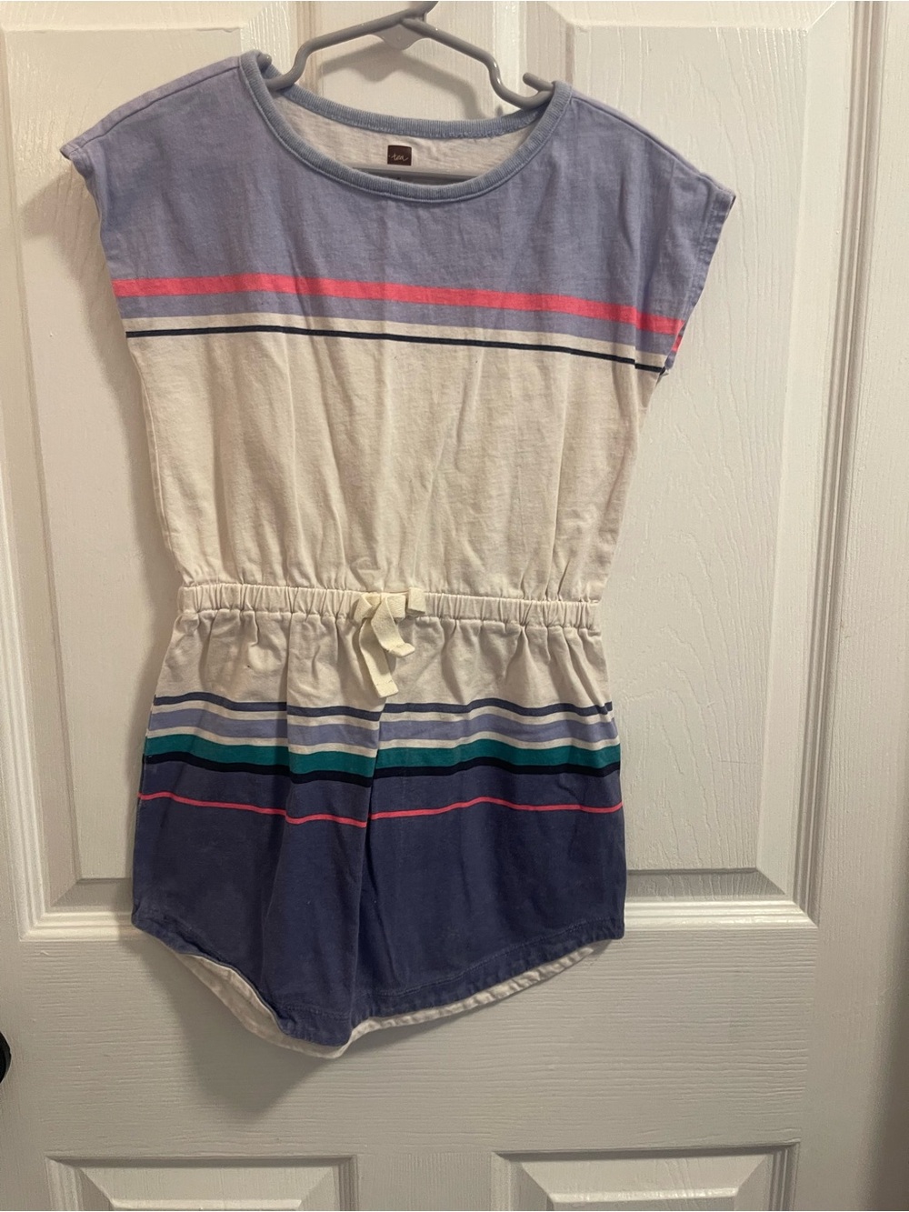 Girls' Casual Blue and White Striped Drawstring Dress